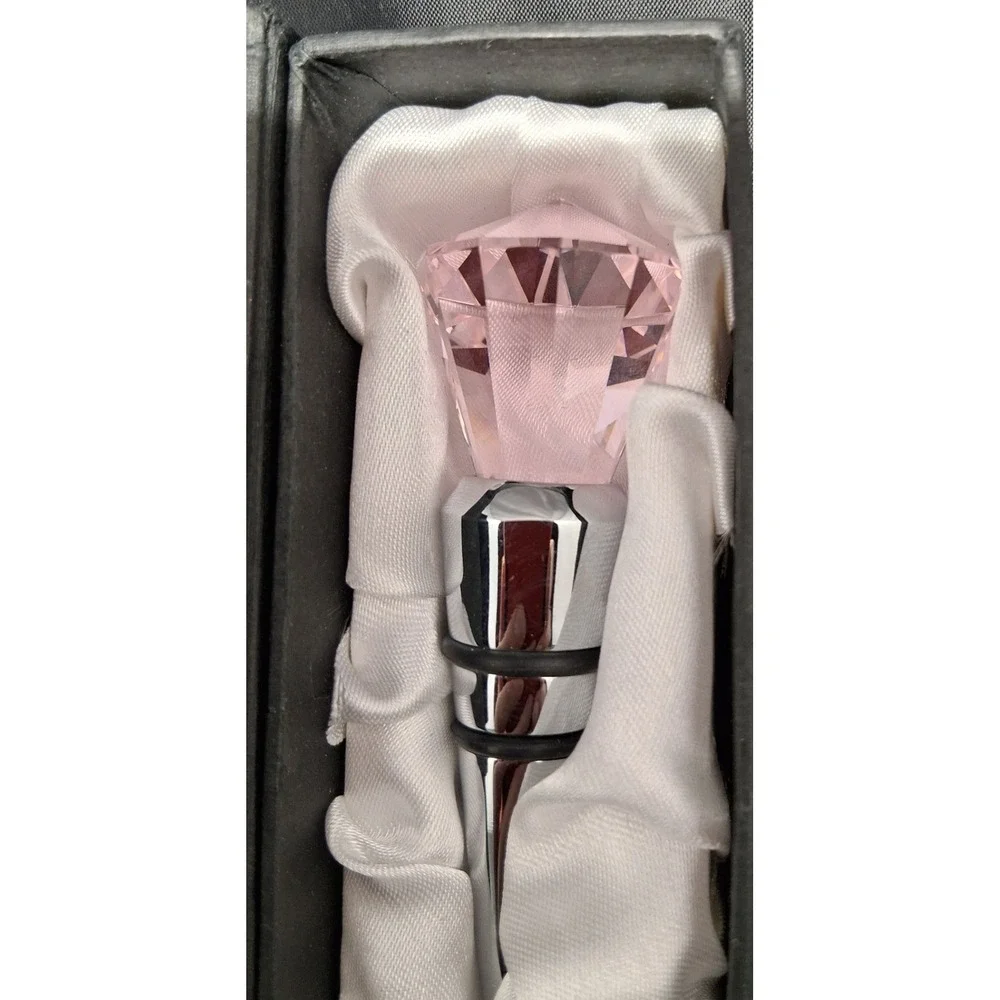 Pink Faux Crystal Diamond Top Wine Bottle Stopper Chrome Barware Gift Boxed